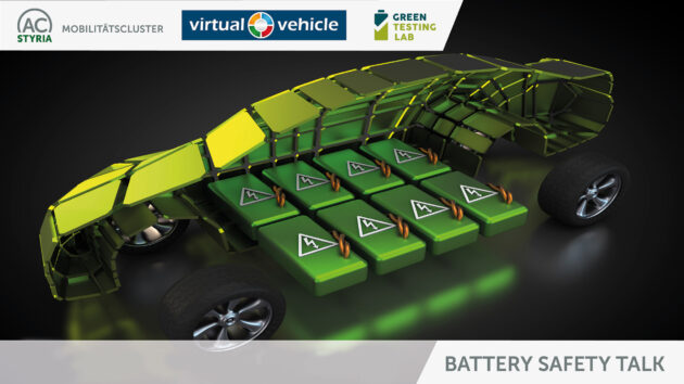 Konstruktion E-Auto zur Hälfte offen, Batterien sichtbar mit Warnschild 