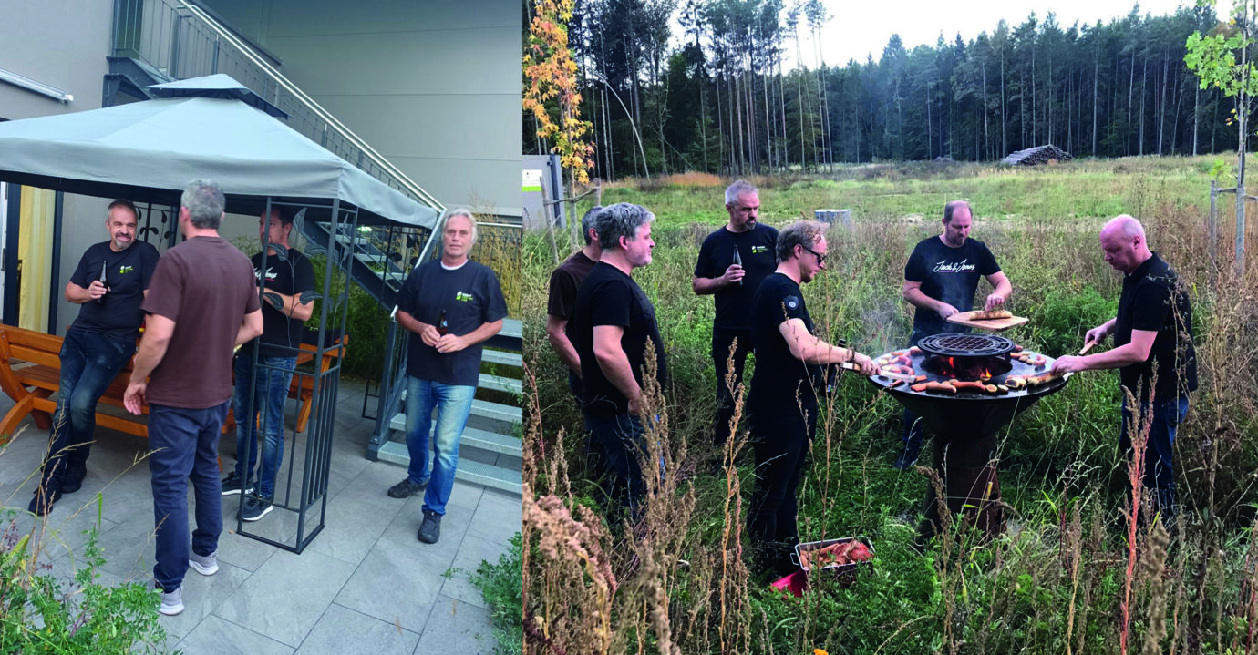 Gruppe von Männern, die draußen neben den GTL Gebäude grillen